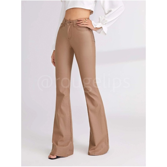 Tan Faux Leather Wax Coated Jeans Flared Leg Bell Bottom High Waist - Picture 5 of 15
